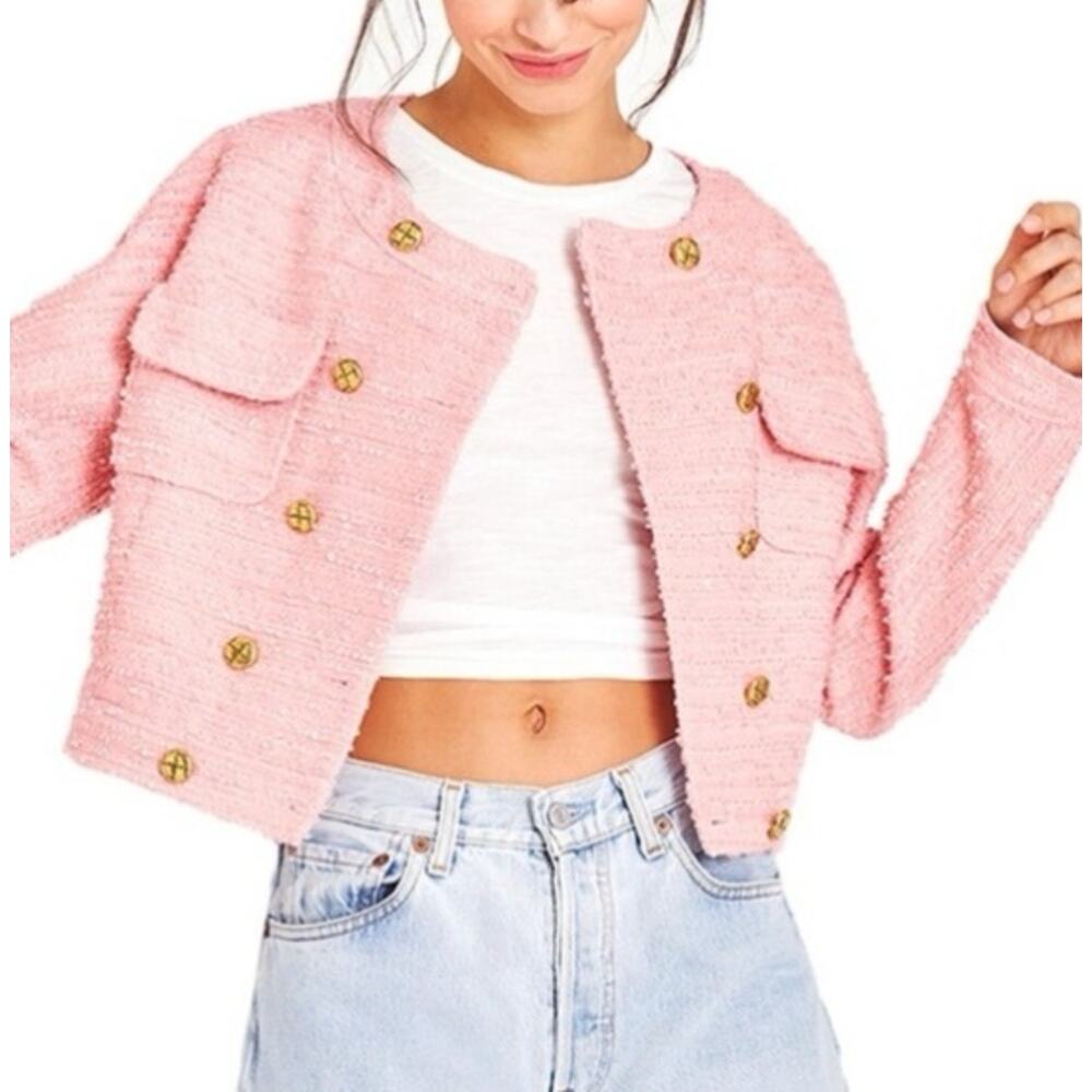 LoveShackFancy Keiran Pink Tweed Blazer Jacket Relaxed Preppy Gold Buttons XS - Picture 3 of 16
